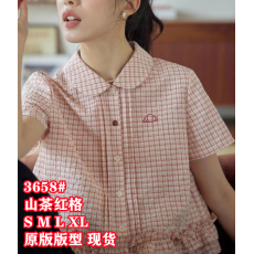 批发法式娃娃领荷叶边双层下摆格子衬衫女短袖上衣小衫