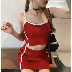 批发实拍实价 甜辣套装~针织撞色美式背心小吊带+高腰半身裙