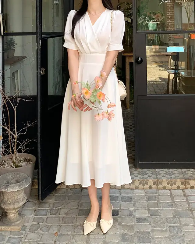 프렌치 스타일 V넥 퍼프소매 원피스 상세 이미지 7
