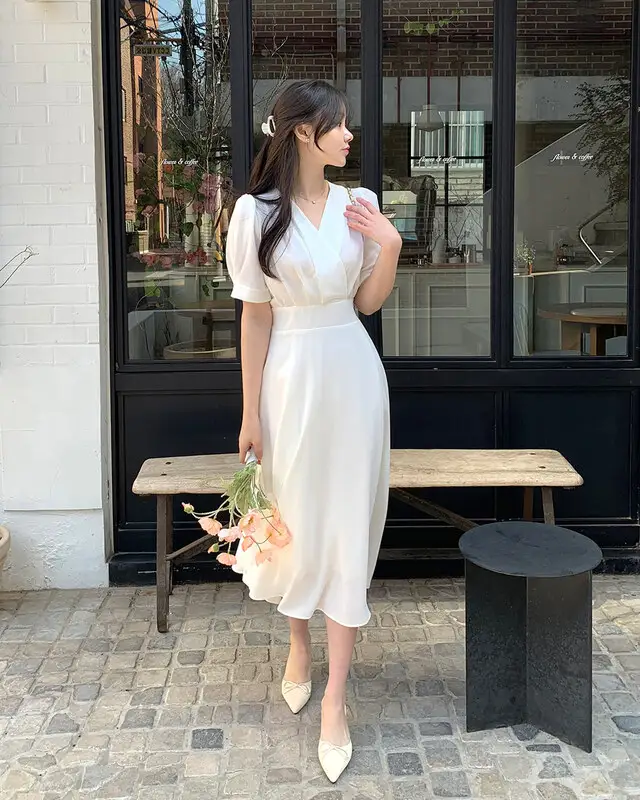 프렌치 스타일 V넥 퍼프소매 원피스 상세 이미지 9