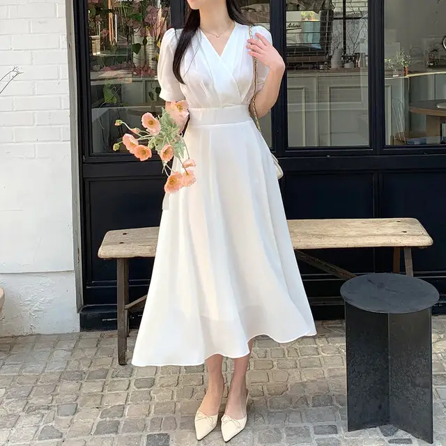 프렌치 스타일 V넥 퍼프소매 원피스 상세 이미지 10