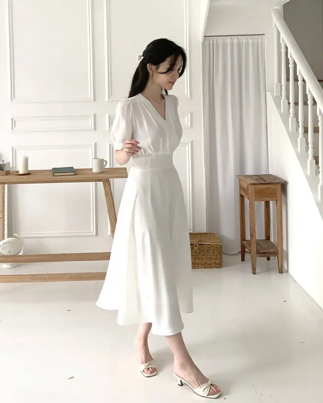 프렌치 스타일 V넥 퍼프소매 원피스 상세 이미지 14