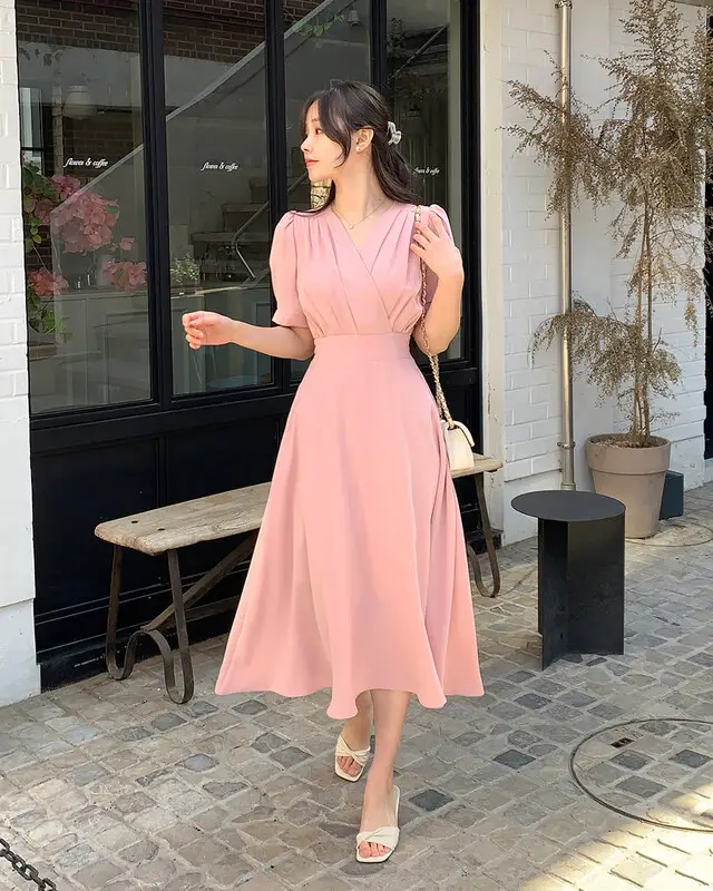 프렌치 스타일 V넥 퍼프소매 원피스 상세 이미지 19