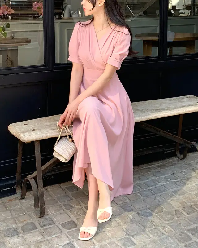 프렌치 스타일 V넥 퍼프소매 원피스 상세 이미지 20