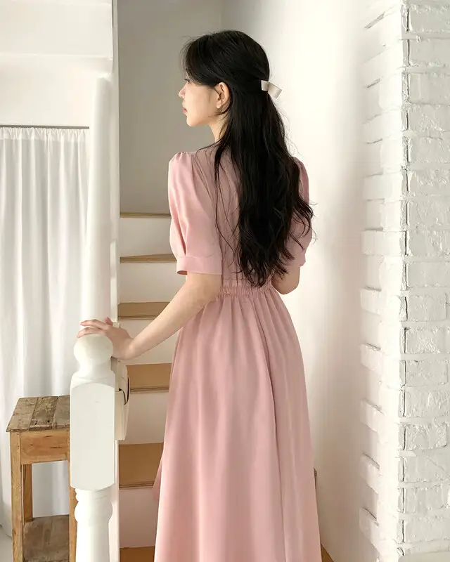 프렌치 스타일 V넥 퍼프소매 원피스 상세 이미지 21