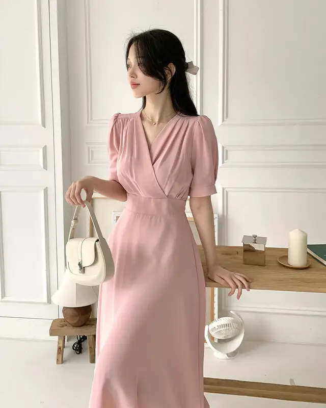 프렌치 스타일 V넥 퍼프소매 원피스 상세 이미지 24