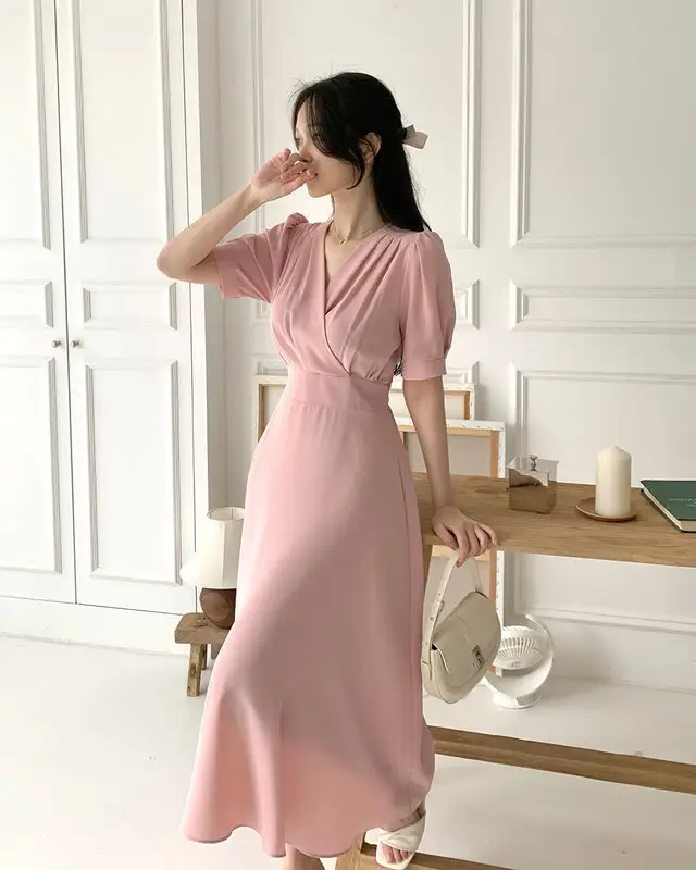 프렌치 스타일 V넥 퍼프소매 원피스 상세 이미지 25