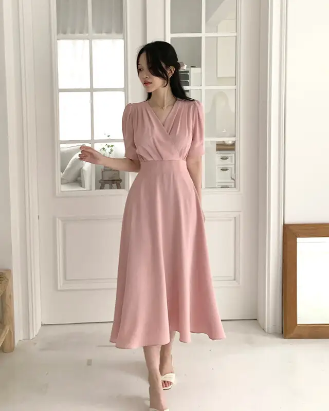 프렌치 스타일 V넥 퍼프소매 원피스 상세 이미지 26