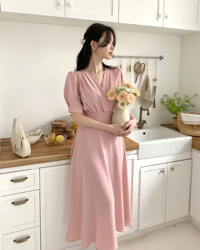 프렌치 스타일 V넥 퍼프소매 원피스 상세 이미지 31