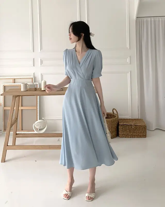 프렌치 스타일 V넥 퍼프소매 원피스 상세 이미지 39