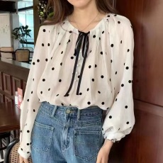 批发波点蝴蝶结灯笼袖衬衫女2026春秋设计感小众<b class='q'>长袖</b>雪纺衬衣春夏上衣