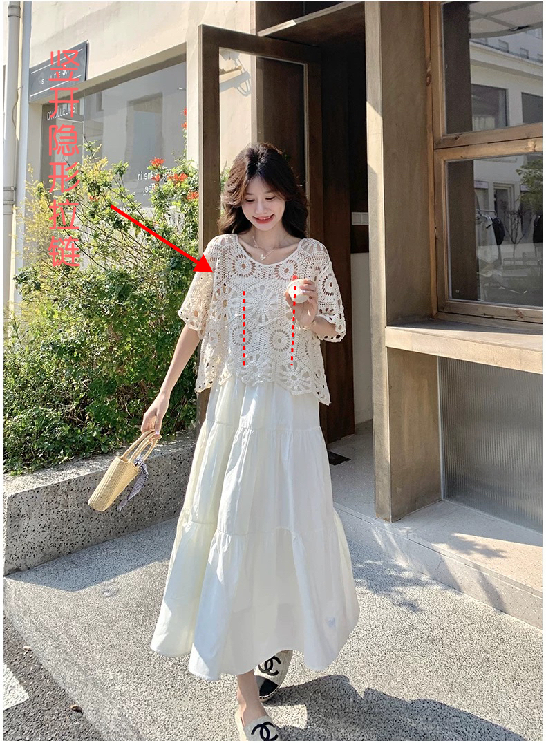 화이트 슬립 프랑스식 레트로 홀로우 아웃 슬립 투피스 세트 한 부서 루즈핏 드레스