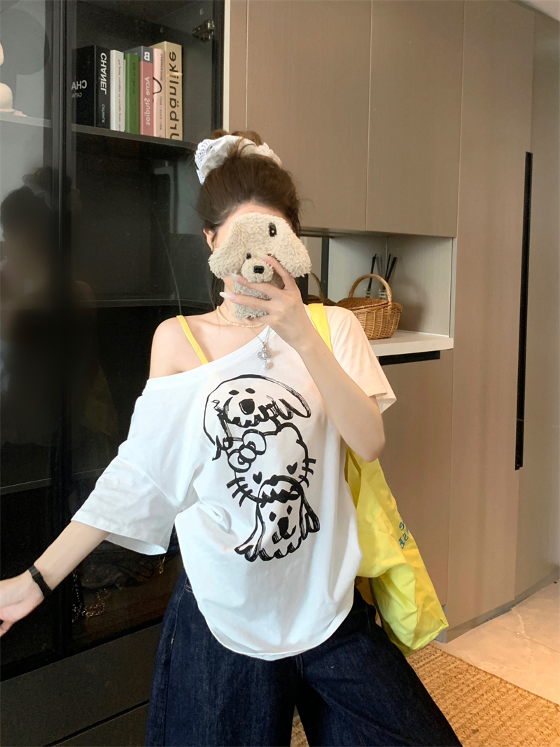 실사 정가 강아지 고양이 프린트 반팔 여름 새로운 루즈핏 캐주얼 오프숄더 연령 감소 디자인 티셔츠 여성