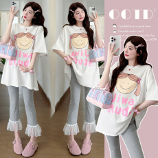 批发实拍  夏装新款时尚洋印花短袖<b class='q'>T</b><b class='q'>恤</b>+花边打珠喇叭裤<b class='q'>孕妇</b><b class='q'>套装</b>两件套