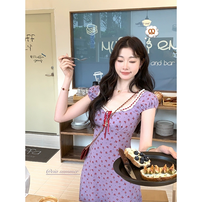 FA32445# 新中式国风EIA一尧香芋可露丽碎花连衣裙女夏收腰显瘦长裙 服裝批發女裝批發服飾貨源
