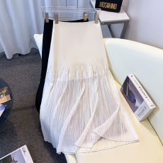 批发实拍春<b class='q'>夏</b>胖MM大码新款羽毛温柔风遮跨显瘦雪纺拼接百褶半身裙