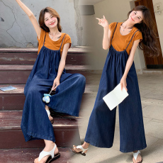 批发孕妇套装夏季2025新款韩系桔色圆领短袖薄款宽松上衣<b class='q'>背带裤</b>两件套