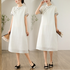 批发实拍改良旗袍女夏季复古日常茶艺师服装棉麻国风连衣裙小个子茶服