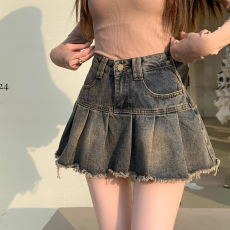 批发<b class='q'>复古</b>毛边牛仔半身裙女夏季新款水洗做旧设计高腰遮胯显瘦百褶短裙