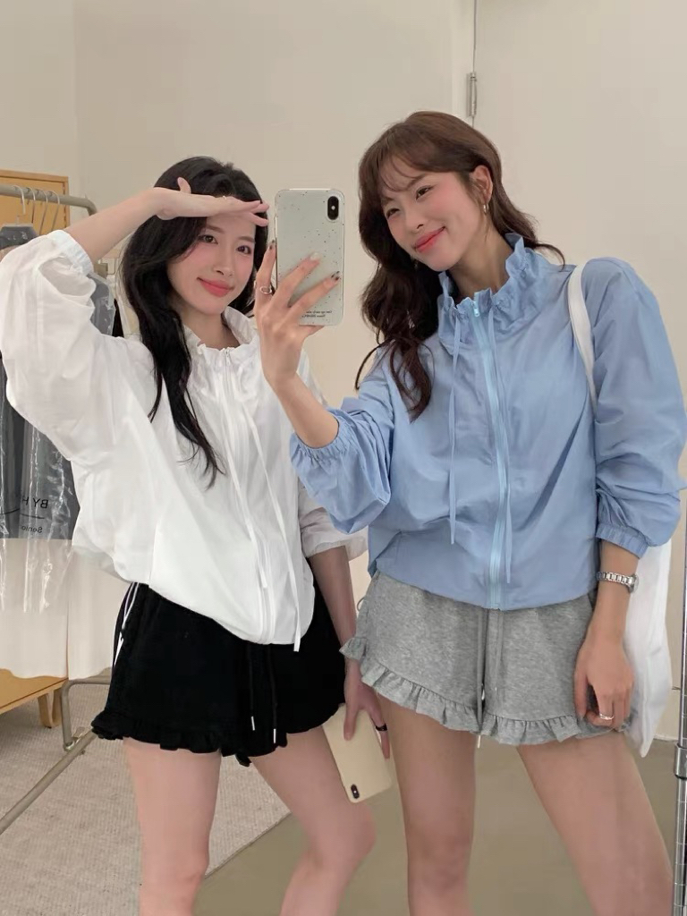 柠檬绿茶抽绳设计感花苞立领短外套女士2025夏季休闲显瘦防晒衫