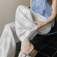 批发实拍夏季新款薄款白色镂空蕾丝刺绣梧桐裤休闲宽松直筒阔腿裤女