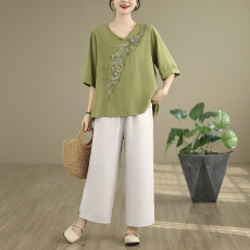 批发实拍2026韩版<b class='q'>大码</b>显瘦刺绣文艺复古衬衫宽松棉麻裤夏季套装女