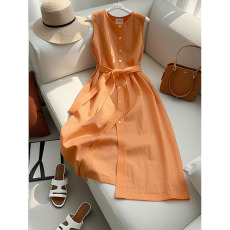 批发法式高端橘色无袖<b class='q'>亚麻</b>背心<b class='q'>连衣裙</b>夏季2025新款冷淡系独特别致裙子
