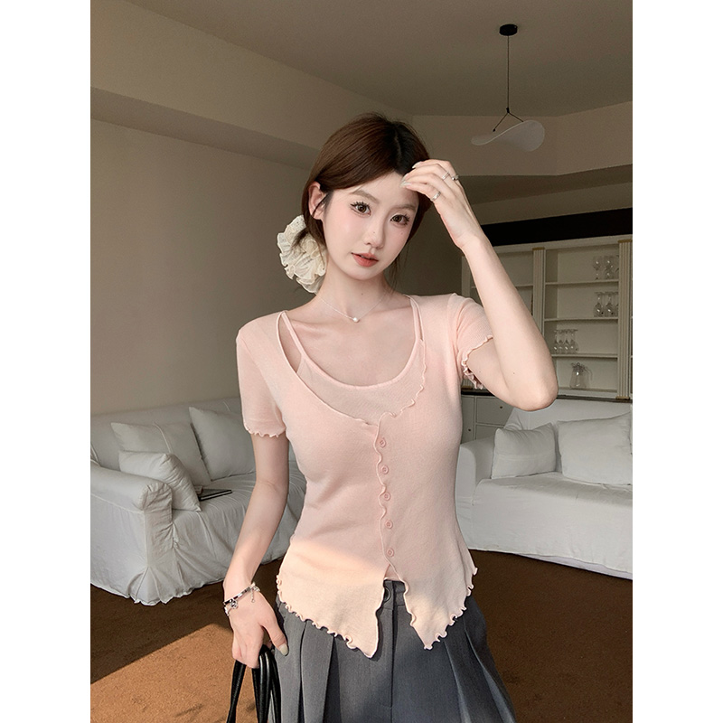 MY5784# 木耳边假两件针织小衫女裝貨源服裝批發