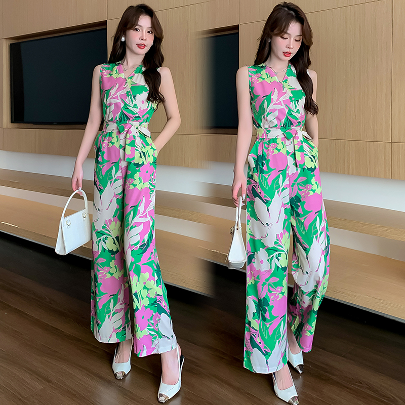 MY9017# 连体裤新款印花时尚洋气收腰垂感轻熟阔腿裤潮女裝貨源服裝批發