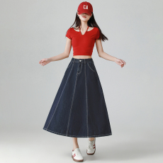 批发深蓝色牛仔半身裙子女夏大码显瘦包臀裙梨形身材<b class='q'>胖</b><b class='q'>mm</b><b class='q'>开叉</b>a字长裙