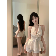 批发夏季纯欲风深V领拼接露背短款抽褶T恤性感挂脖上衣超修身<b class='q'>背心</b>吊带