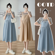 批发实拍孕妇哺乳<b class='q'>夏装</b>纯棉<b class='q'>连衣裙</b>新款宽松假两件条纹时尚休闲裙