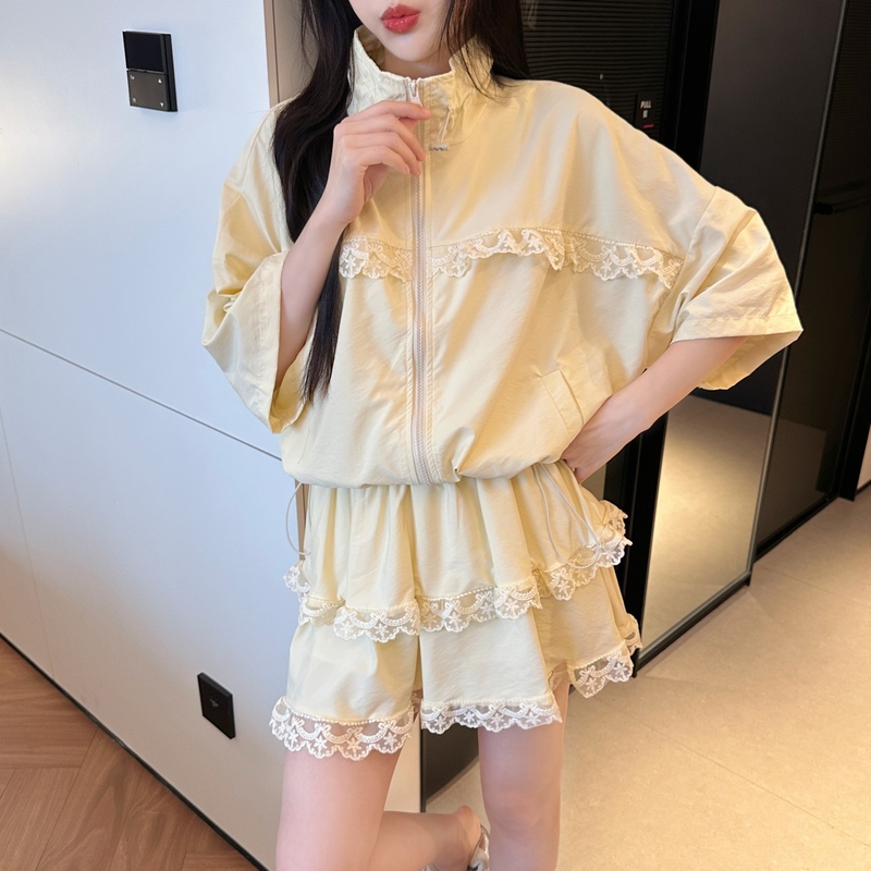 MY7425# 拉链立领蕾丝拼接上衣外套蛋糕裙时尚休闲套装女裝貨源服裝批發