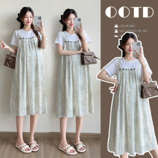 批发实拍孕妇夏季新款韩版时尚薄荷曼波扎染拼接假两件连衣裙