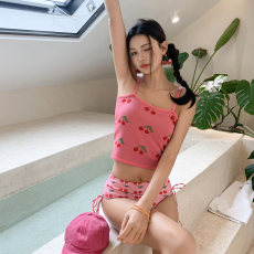 批发美式复古樱桃平口吊带背心女胖妹妹夏季修身高腰比基尼分体泳衣