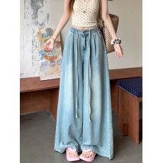 批发实拍实价#新款系带<b class='q'>松紧</b>腰牛仔长裤女复古水洗阔腿大裤脚拖地裤子