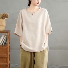 批发3577实拍新中式禅意亚麻短袖<b class='q'>T</b><b class='q'>恤</b>夏新款打坐禅修素衣套头棉麻上衣