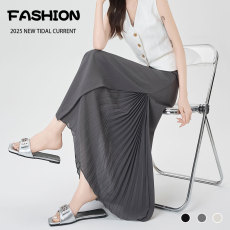 批发实拍~<b class='q'>雪纺</b>拼接西装半身裙女压褶设计感垂感显瘦高腰小个子a字长裙