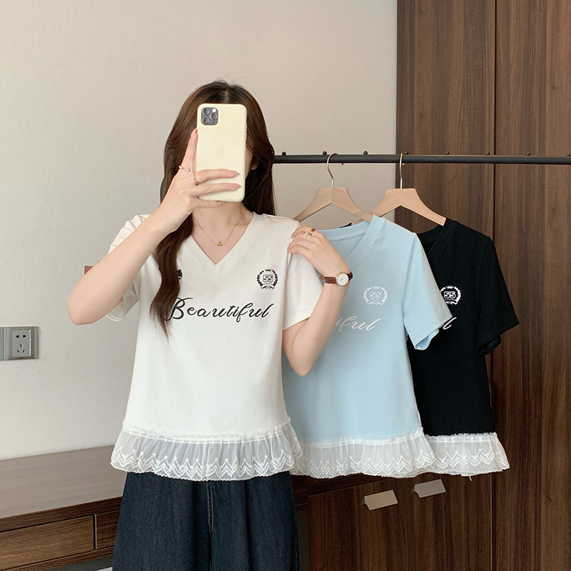 MY5563# 夏装新款胖mm大码女韩版小众蕾丝花边印花字母短袖T恤女裝貨源服裝批發