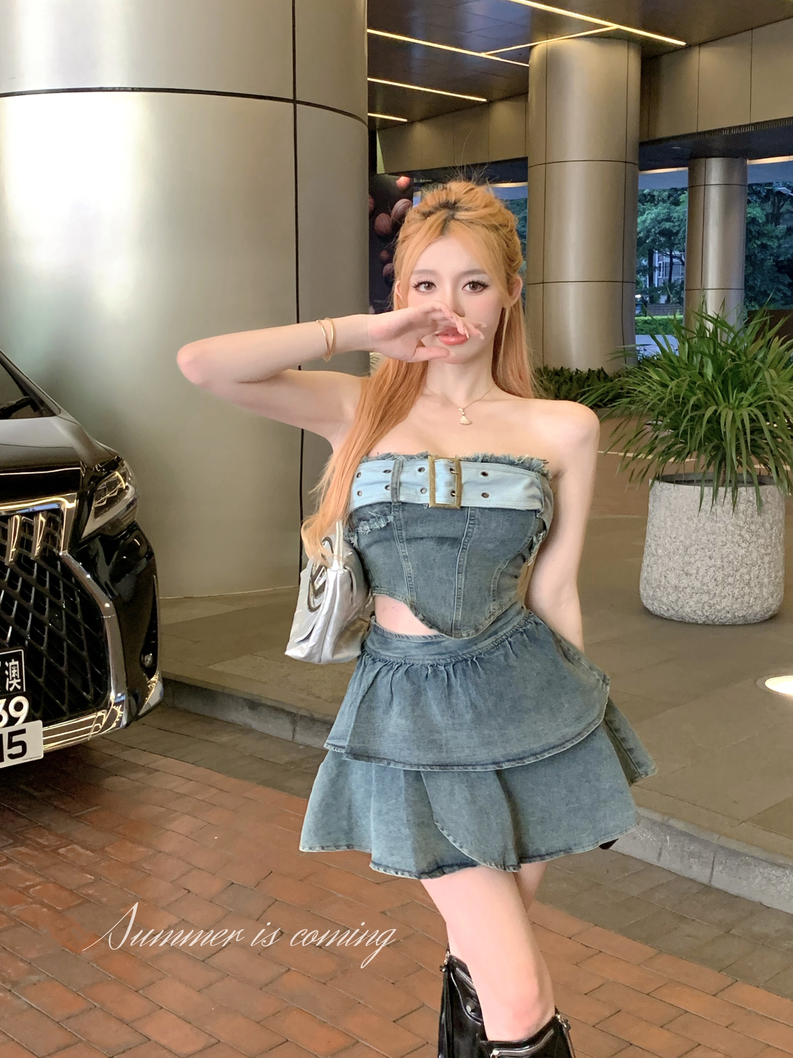 실사 정가 핫걸 데님 세트 튜브탑 맨위 반신 스커트 미니 스커트 투피스 세트 세트 여성