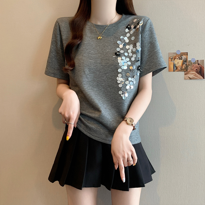 MY8861# 夏季新款大码女时尚设计感宽松显瘦遮肉亮片短袖T恤上衣女裝貨源服裝批發