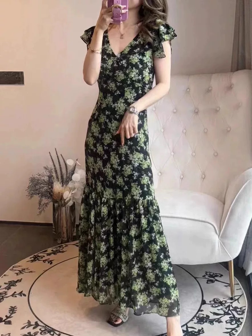 FA24080# 新款仿真丝印花连衣裙绿色鱼尾收腰遮肉显白显瘦飞飞袖无袖女长裙