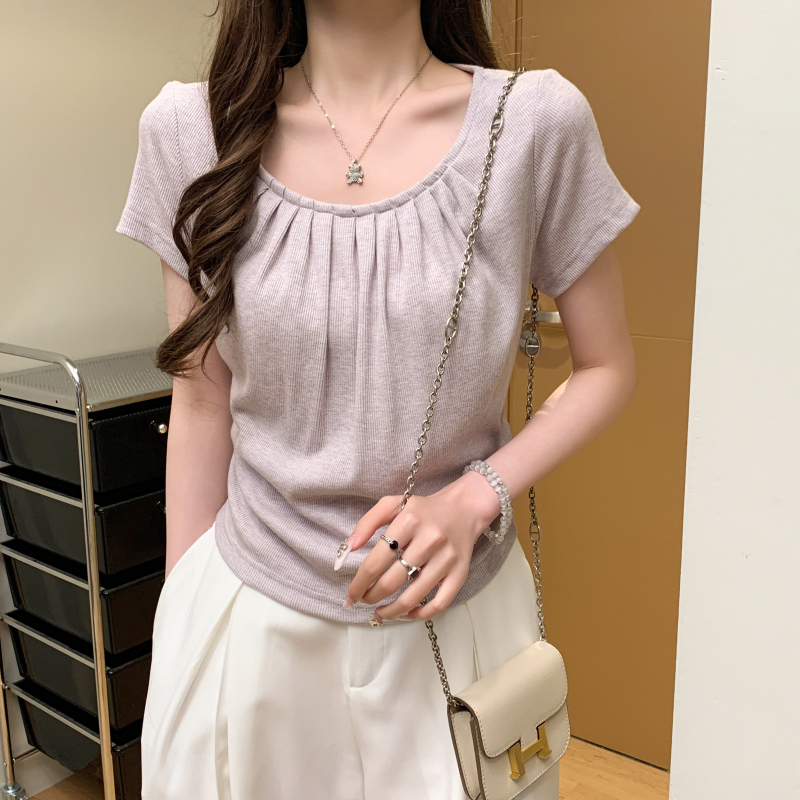 MY7866# 法式设计感压褶领口T恤女夏新款显瘦洋气别致上衣女裝貨源服裝...
