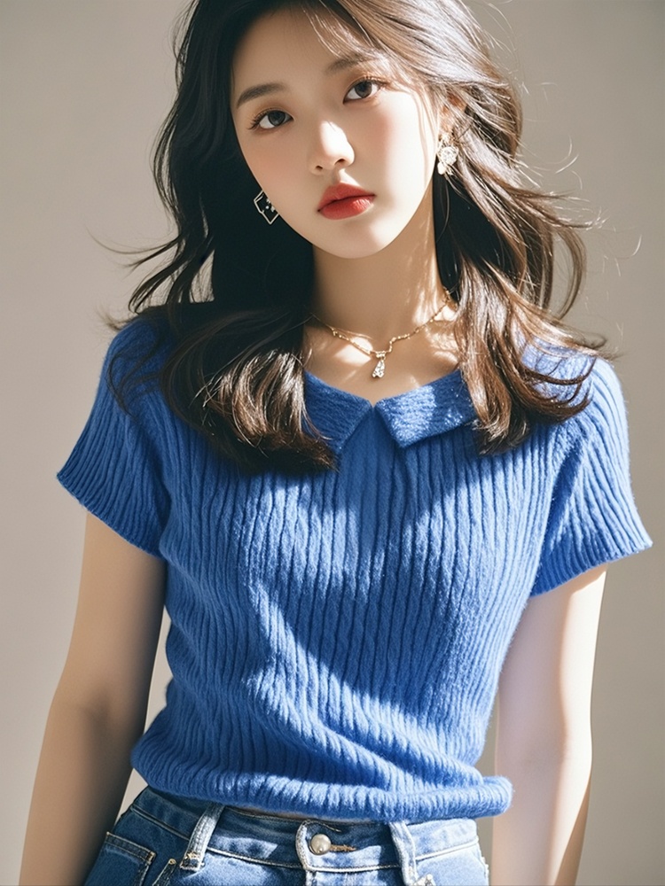 한 부서 chic 레트로 스타일 파란색 POLO 칼라 니트 긍정적 인 어깨 반팔 티셔츠 여성 여름 섹션 미니멀리즘 슬림해 보이는 작은 셔츠