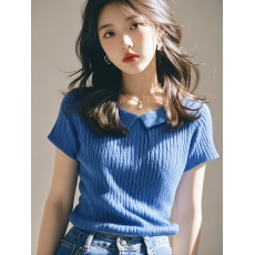 批发韩系chic复古风蓝色Polo领针织正肩短袖T恤女夏季款简约显瘦小衫