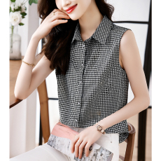 批发实拍洋气夏季千鸟格坎肩背心<b class='q'>女</b>外穿衬衫无袖雪纺打底衫内搭上衣