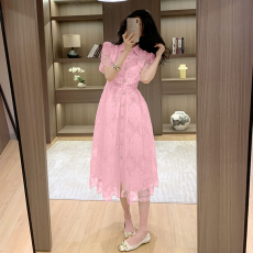 批发十三行品质 复古优雅重工蕾丝刺绣单排扣收腰显瘦礼服<b class='q'>连衣裙</b>