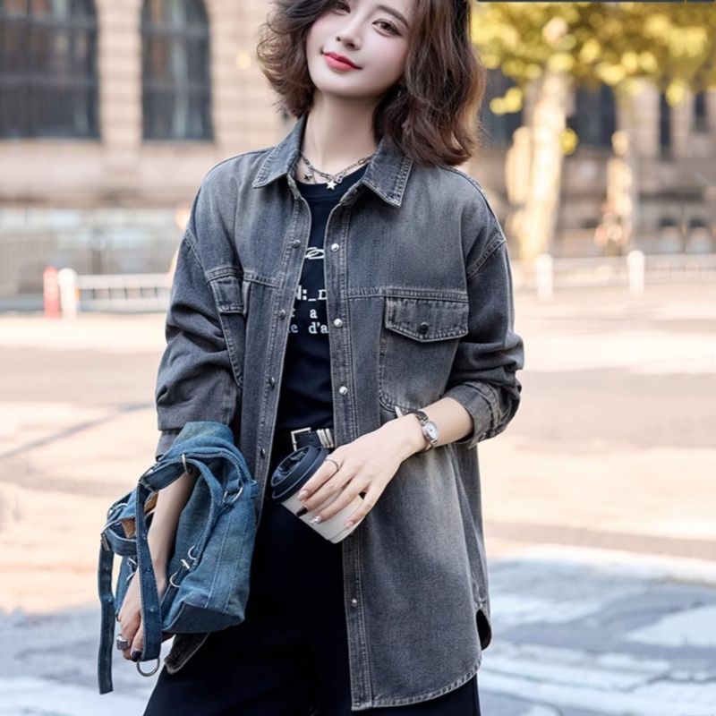 긴팔 데님 여성 셔츠 슬림해 보이는 봄 가을 루즈핏 캐주얼 레트로 유럽 상품 폭발 셔츠 재킷 전갈 맨위