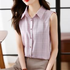 批发实拍洋气夏季格子坎肩背心<b class='q'>女</b>外穿衬衫无袖雪纺打底衫内搭上衣