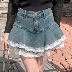 批发已出货 <b class='q'>韩国</b>chic高腰蕾丝拼接牛仔短裙春夏时尚洋气A字荷叶边裙子